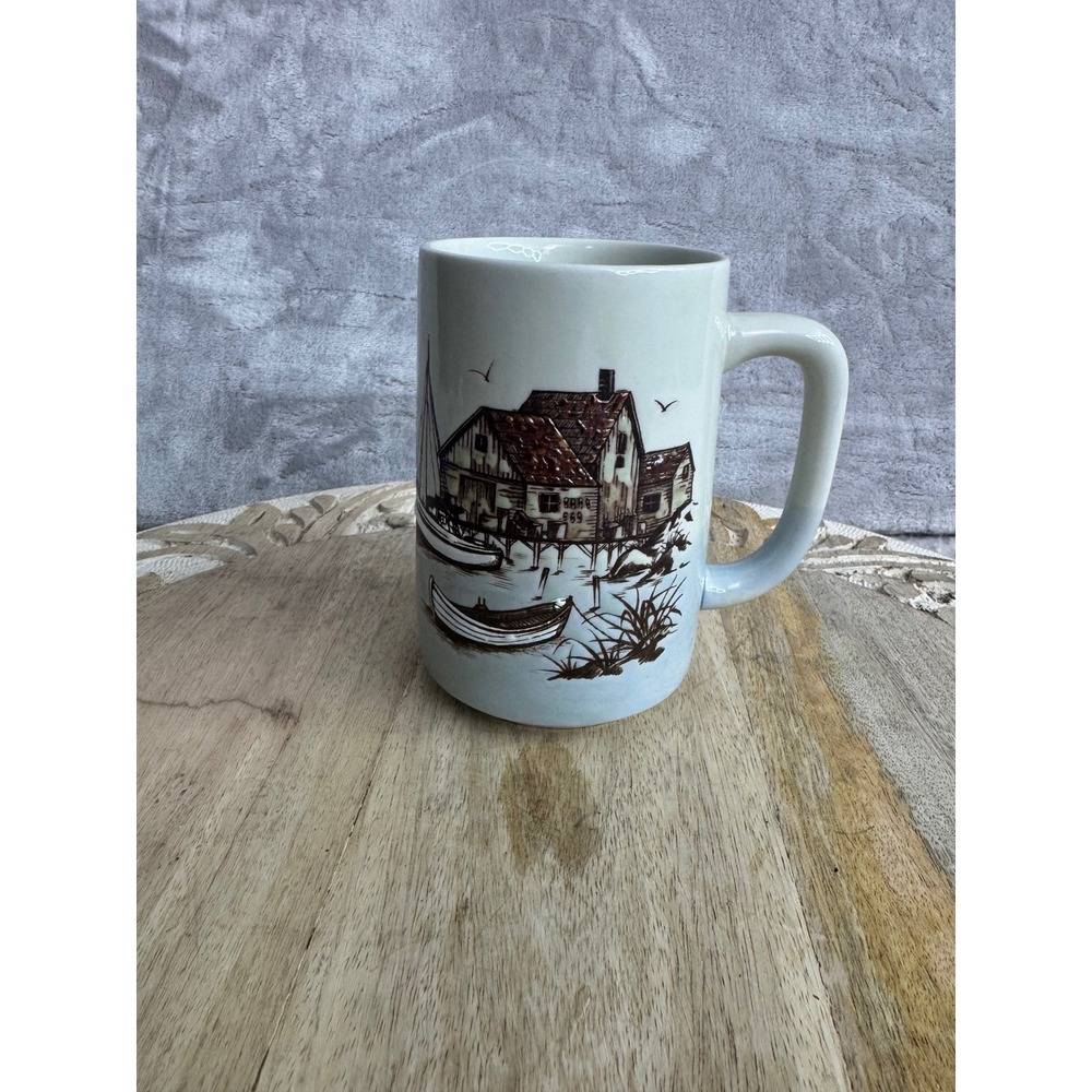 Otagiri Japan Vintage Handpainted Nautical‎ Coastal House Ceramic Mug Blue Brown